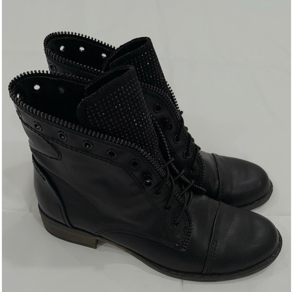 Report Shoes - Report Black Faux Leather Embellished Combat Boots Women's Size 7